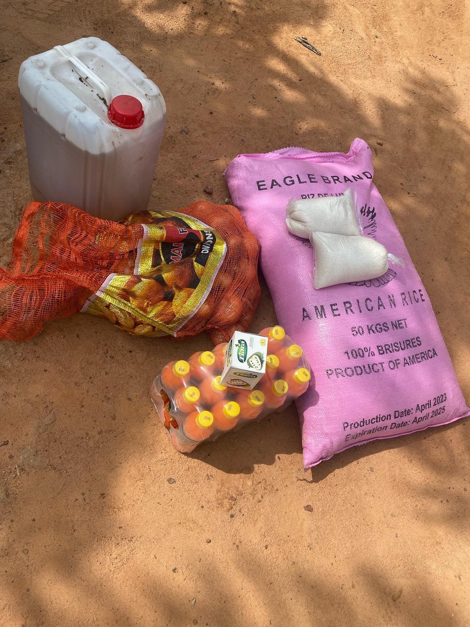 Rice, onions and other supplies arranged together